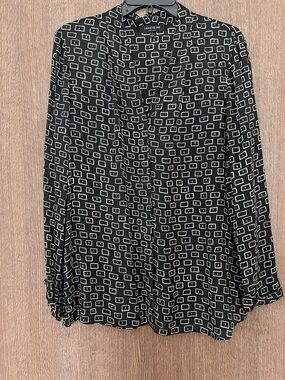 Lafayette 148 New York Black Blouse with Cream Square Print